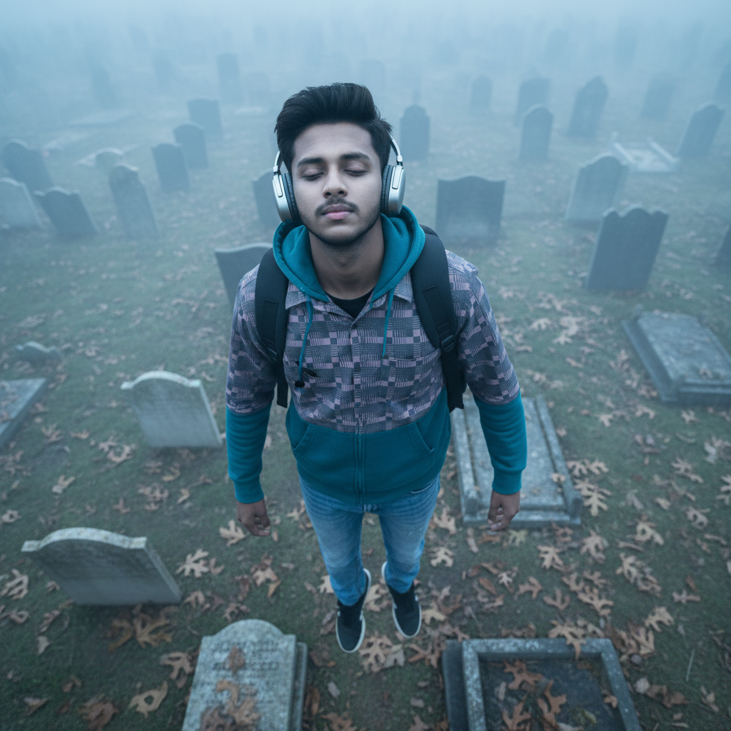 Nirob BM standing outdoors wearing a teal hoodie and over-ear headphones, eyes closed in a quiet moment.